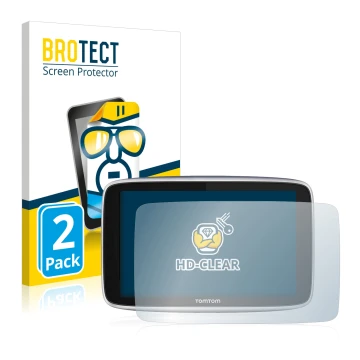 Parte frontal de un envase de producto con el logotipo de la marca BROTECT. Al lado se muestra el dispositivo TomTom GO Premiu