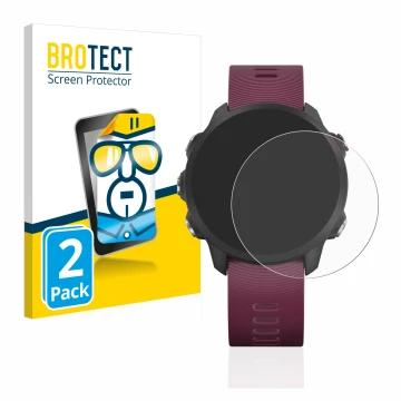 Parte frontal de un envase de producto con el logotipo de la marca BROTECT. Al lado se muestra el dispositivo Garmin Forerunne