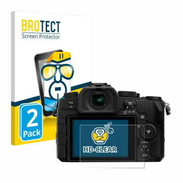 Parte frontal de un envase de producto con el logotipo de la marca BROTECT. Al lado se muestra el dispositivo Panasonic Lumix 