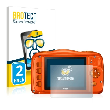 Parte frontal de un envase de producto con el logotipo de la marca BROTECT. Al lado se muestra el dispositivo Nikon Coolpix W1