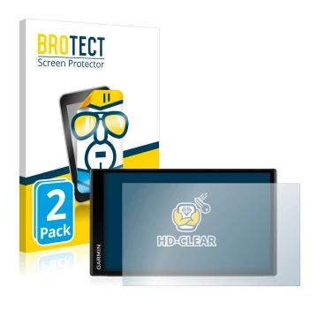 Parte frontal de un envase de producto con el logotipo de la marca BROTECT. Al lado se muestra el dispositivo Garmin Camper 78