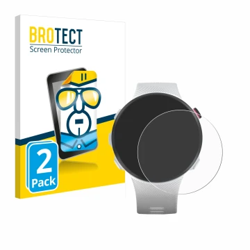 Parte frontal de un envase de producto con el logotipo de la marca BROTECT. Al lado se muestra el dispositivo Garmin Forerunne