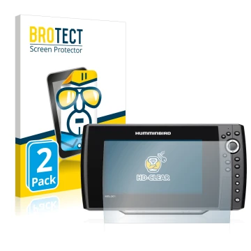 Parte frontal de un envase de producto con el logotipo de la marca BROTECT. Al lado se muestra el dispositivo Humminbird Helix