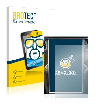 Parte frontal de un envase de producto con el logotipo de la marca BROTECT. Al lado se muestra el dispositivo Tesla Model X co