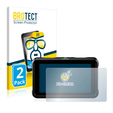 Parte frontal de un envase de producto con el logotipo de la marca BROTECT. Al lado se muestra el dispositivo Atomos Shinobi S