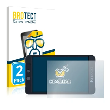 Parte frontal de un envase de producto con el logotipo de la marca BROTECT. Al lado se muestra el dispositivo SmallHD 702 Blac