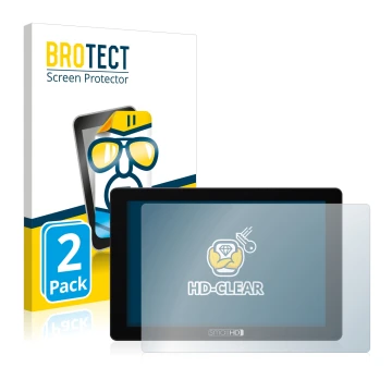 Parte frontal de un envase de producto con el logotipo de la marca BROTECT. Al lado se muestra el dispositivo SmallHD 702 Touc