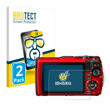 Parte frontal de un envase de producto con el logotipo de la marca BROTECT. Al lado se muestra el dispositivo Olympus Tough TG