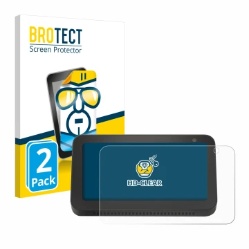 Parte frontal de un envase de producto con el logotipo de la marca BROTECT. Al lado se muestra el dispositivo Amazon Echo Show