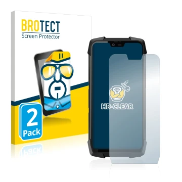 Parte frontal de un envase de producto con el logotipo de la marca BROTECT. Al lado se muestra el dispositivo Blackview BV9700