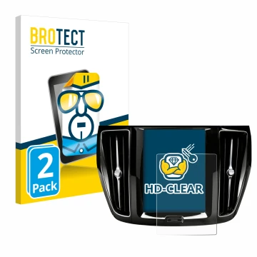 Parte frontal de un envase de producto con el logotipo de la marca BROTECT. Al lado se muestra el dispositivo Volvo V60 Sensus