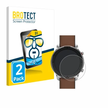 Parte frontal de un envase de producto con el logotipo de la marca BROTECT. Al lado se muestra el dispositivo Huami Amazfit GT