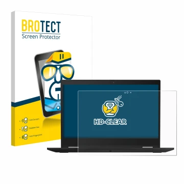 Parte frontal de un envase de producto con el logotipo de la marca BROTECT. Al lado se muestra el dispositivo Lenovo ThinkPad 