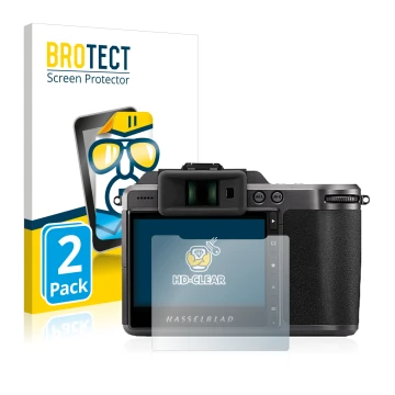 Parte frontal de un envase de producto con el logotipo de la marca BROTECT. Al lado se muestra el dispositivo Hasselblad X1D I