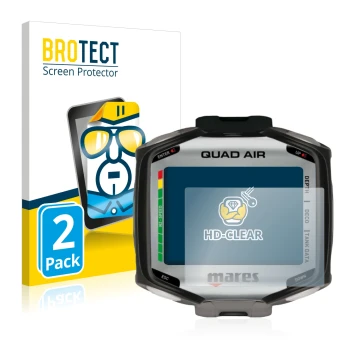 Parte frontal de un envase de producto con el logotipo de la marca BROTECT. Al lado se muestra el dispositivo Mares Quad Air c