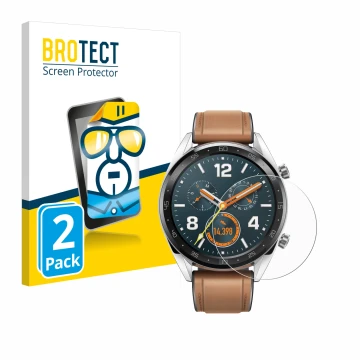 Parte frontal de un envase de producto con el logotipo de la marca BROTECT. Al lado se muestra el dispositivo Huawei Watch GT 