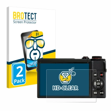 Parte frontal de un envase de producto con el logotipo de la marca BROTECT. Al lado se muestra el dispositivo Canon PowerShot 