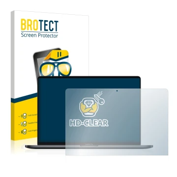 Parte frontal de un envase de producto con el logotipo de la marca BROTECT. Al lado se muestra el dispositivo Apple MacBook Pr