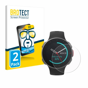 Parte frontal de un envase de producto con el logotipo de la marca BROTECT. Al lado se muestra el dispositivo Polar Vantage V 