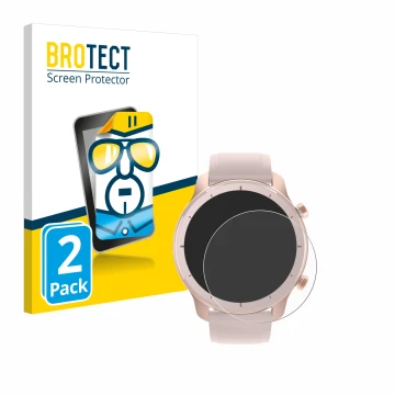Parte frontal de un envase de producto con el logotipo de la marca BROTECT. Al lado se muestra el dispositivo Huami Amazfit GT