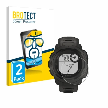 Parte frontal de un envase de producto con el logotipo de la marca BROTECT. Al lado se muestra el dispositivo Garmin Instinct 