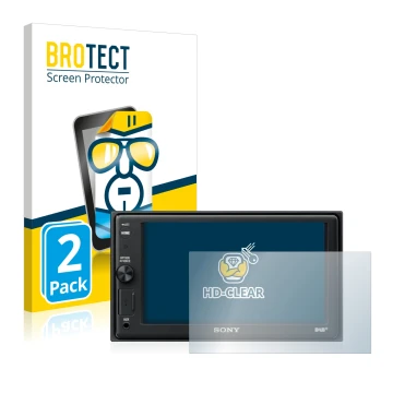 Parte frontal de un envase de producto con el logotipo de la marca BROTECT. Al lado se muestra el dispositivo Sony XAV-AX1005D
