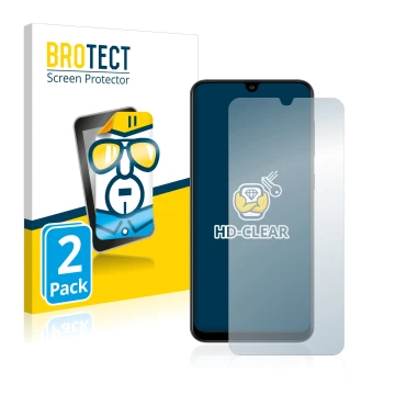 Parte frontal de un envase de producto con el logotipo de la marca BROTECT. Al lado se muestra el dispositivo Samsung Galaxy A
