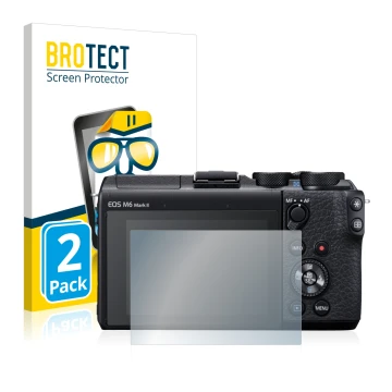 Parte frontal de un envase de producto con el logotipo de la marca BROTECT. Al lado se muestra el dispositivo Canon EOS M6 Mar