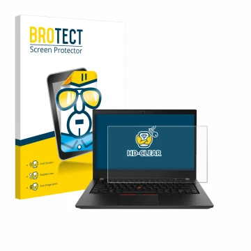 Parte frontal de un envase de producto con el logotipo de la marca BROTECT. Al lado se muestra el dispositivo Lenovo ThinkPad 