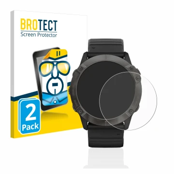 Parte frontal de un envase de producto con el logotipo de la marca BROTECT. Al lado se muestra el dispositivo Garmin Fenix 6X 