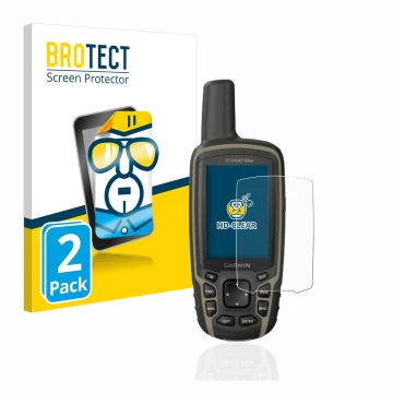 Parte frontal de un envase de producto con el logotipo de la marca BROTECT. Al lado se muestra el dispositivo Garmin GPSMAP 64