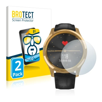 Parte frontal de un envase de producto con el logotipo de la marca BROTECT. Al lado se muestra el dispositivo Garmin vivomove 