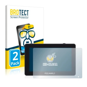 Parte frontal de un envase de producto con el logotipo de la marca BROTECT. Al lado se muestra el dispositivo Feelworld F6 Plu