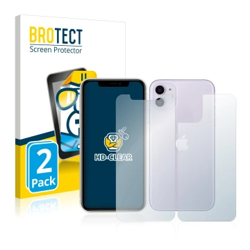 Parte frontal de un envase de producto con el logotipo de la marca BROTECT. Al lado se muestra el dispositivo Apple iPhone 11 