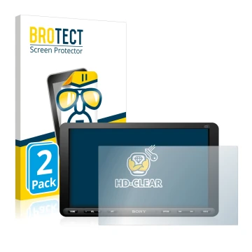 Parte frontal de un envase de producto con el logotipo de la marca BROTECT. Al lado se muestra el dispositivo Sony XAV-AX8050D