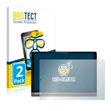 Parte frontal de un envase de producto con el logotipo de la marca BROTECT. Al lado se muestra el dispositivo Lenovo Yoga Smar