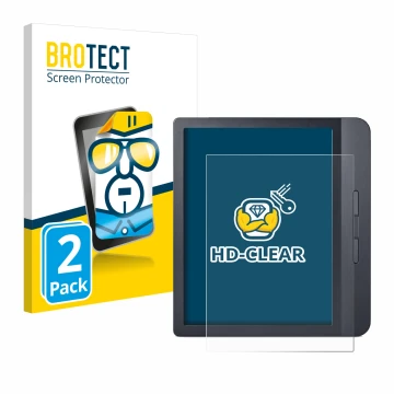 Parte frontal de un envase de producto con el logotipo de la marca BROTECT. Al lado se muestra el dispositivo Kobo Libra H2O c