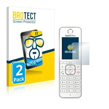 Parte frontal de un envase de producto con el logotipo de la marca BROTECT. Al lado se muestra el dispositivo AVM Fritz!Fon C6