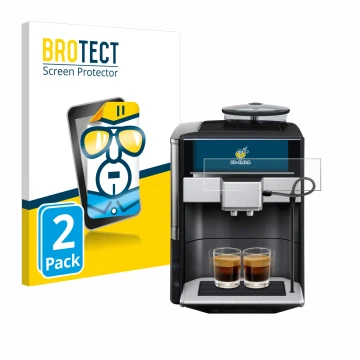 Parte frontal de un envase de producto con el logotipo de la marca BROTECT. Al lado se muestra el dispositivo Siemens EQ.6 plu