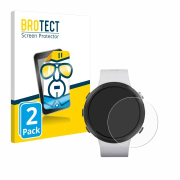 Parte frontal de un envase de producto con el logotipo de la marca BROTECT. Al lado se muestra el dispositivo Garmin Swim 2 co