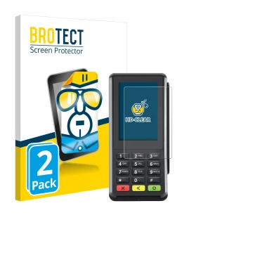 Parte frontal de un envase de producto con el logotipo de la marca BROTECT. Al lado se muestra el dispositivo Verifone P400 co