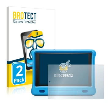 Parte frontal de un envase de producto con el logotipo de la marca BROTECT. Al lado se muestra el dispositivo Amazon Fire HD 1