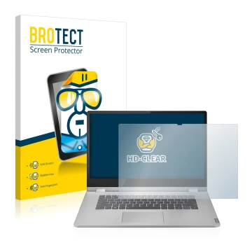 Parte frontal de un envase de producto con el logotipo de la marca BROTECT. Al lado se muestra el dispositivo Lenovo IdeaPad C