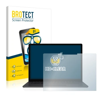 Parte frontal de un envase de producto con el logotipo de la marca BROTECT. Al lado se muestra el dispositivo Microsoft Surfac