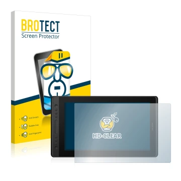 Parte frontal de un envase de producto con el logotipo de la marca BROTECT. Al lado se muestra el dispositivo Huion Kamvas Pro