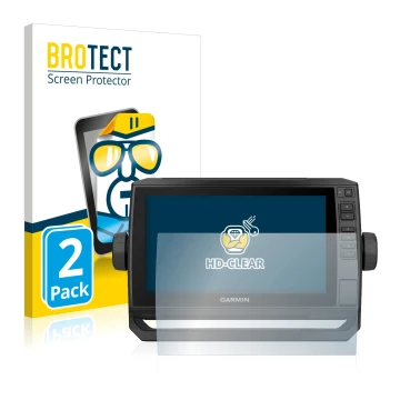 Parte frontal de un envase de producto con el logotipo de la marca BROTECT. Al lado se muestra el dispositivo Garmin ECHOMAP U
