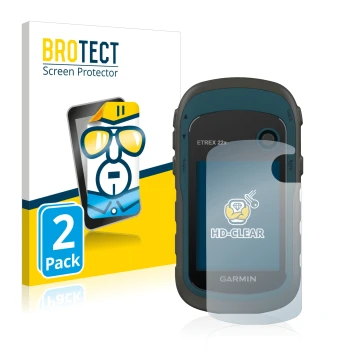 Parte frontal de un envase de producto con el logotipo de la marca BROTECT. Al lado se muestra el dispositivo Garmin eTrex 22x