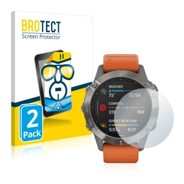Parte frontal de un envase de producto con el logotipo de la marca BROTECT. Al lado se muestra el dispositivo Garmin Fenix 6 c