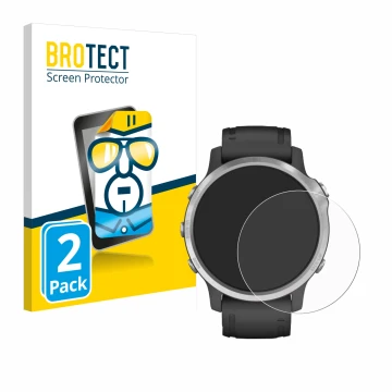 Parte frontal de un envase de producto con el logotipo de la marca BROTECT. Al lado se muestra el dispositivo Garmin Fenix 6S 