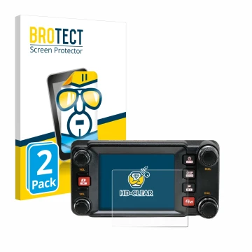 Parte frontal de un envase de producto con el logotipo de la marca BROTECT. Al lado se muestra el dispositivo Yaesu FTM-400XDR